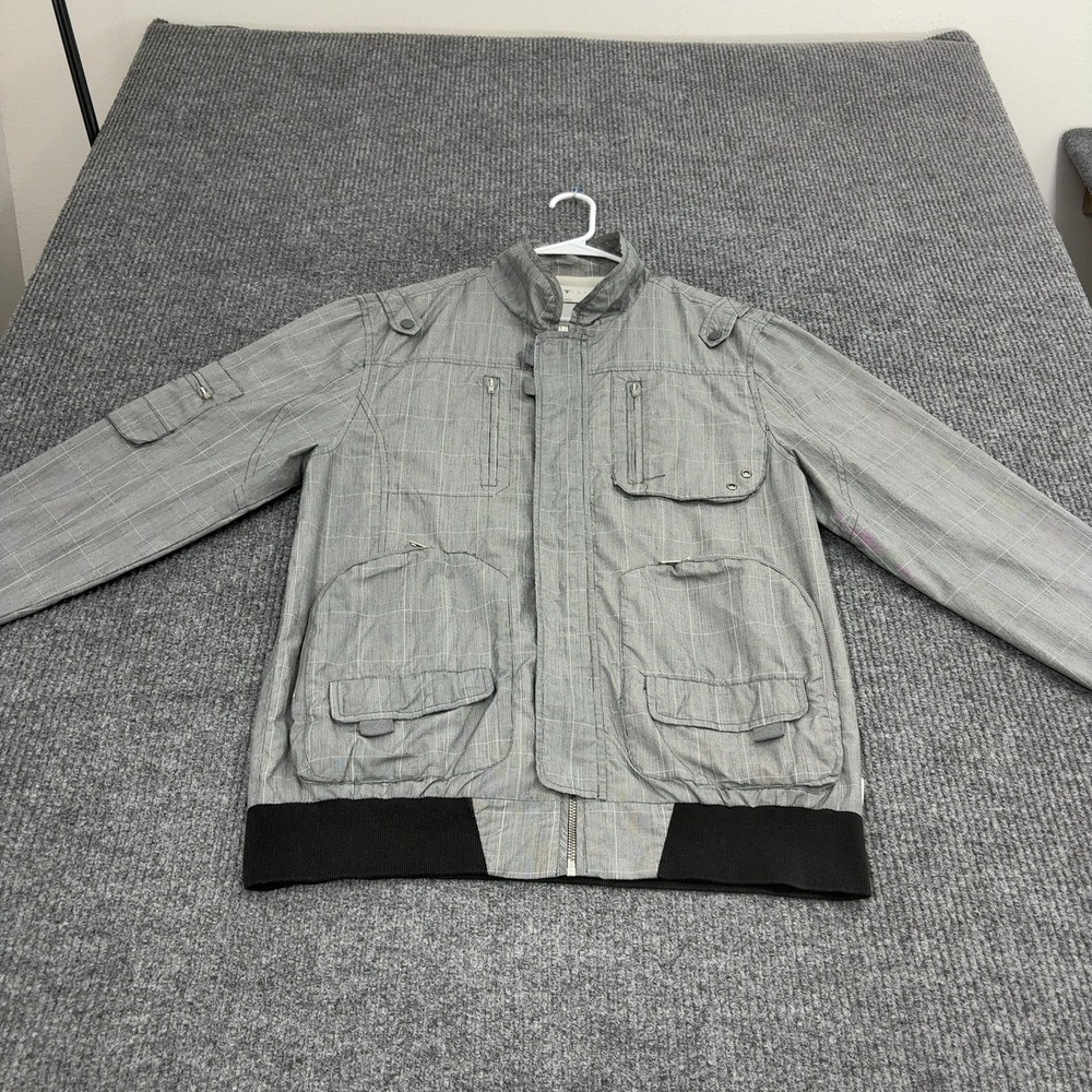 Five Four Bomber Jacket Mens XL Gray Polyester Cotton Plaid Mock Neck Casual